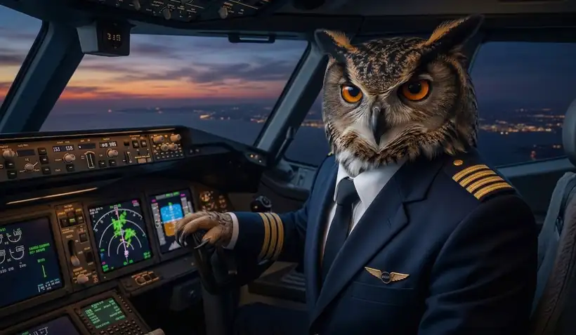 The Strix owl as an airline captain in the cockpit at dusk
